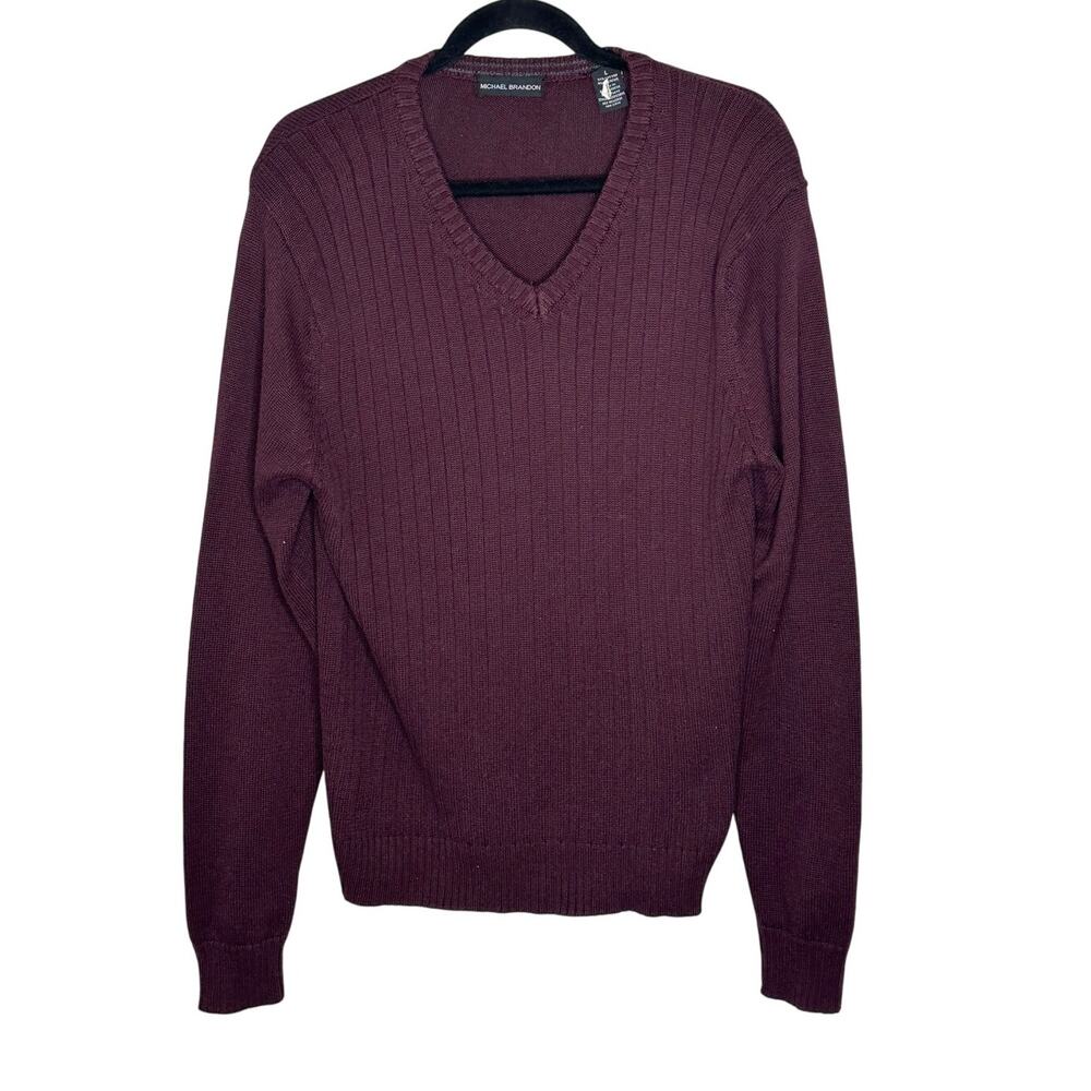 Michael Brandon Purple V-Neck Ribbed Sweater Long Sleeve Winter Office Soft L